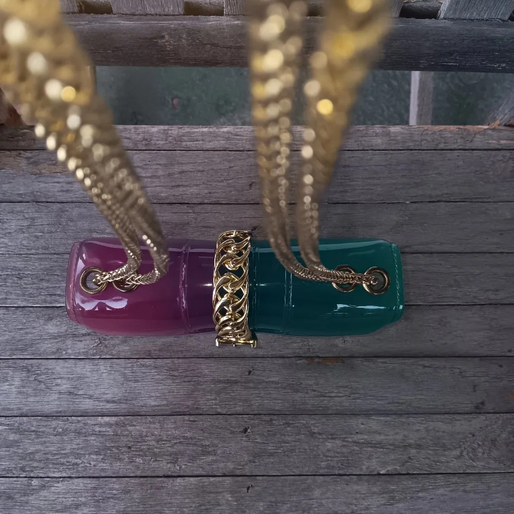 Transparent Jelly Crossbody With Gold Tone Hardware & Chain~Pink & Green Ombre - Picture 4 of 6